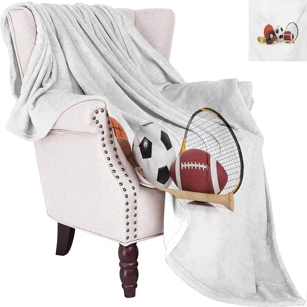 MKOK Youth Rugged or Durable Camping Blanket Assorted Sports Equipment Different Balls Bat Tennis Racket Baseball Glove on White Warm and Washable W60 x L50 Inch Multicolor