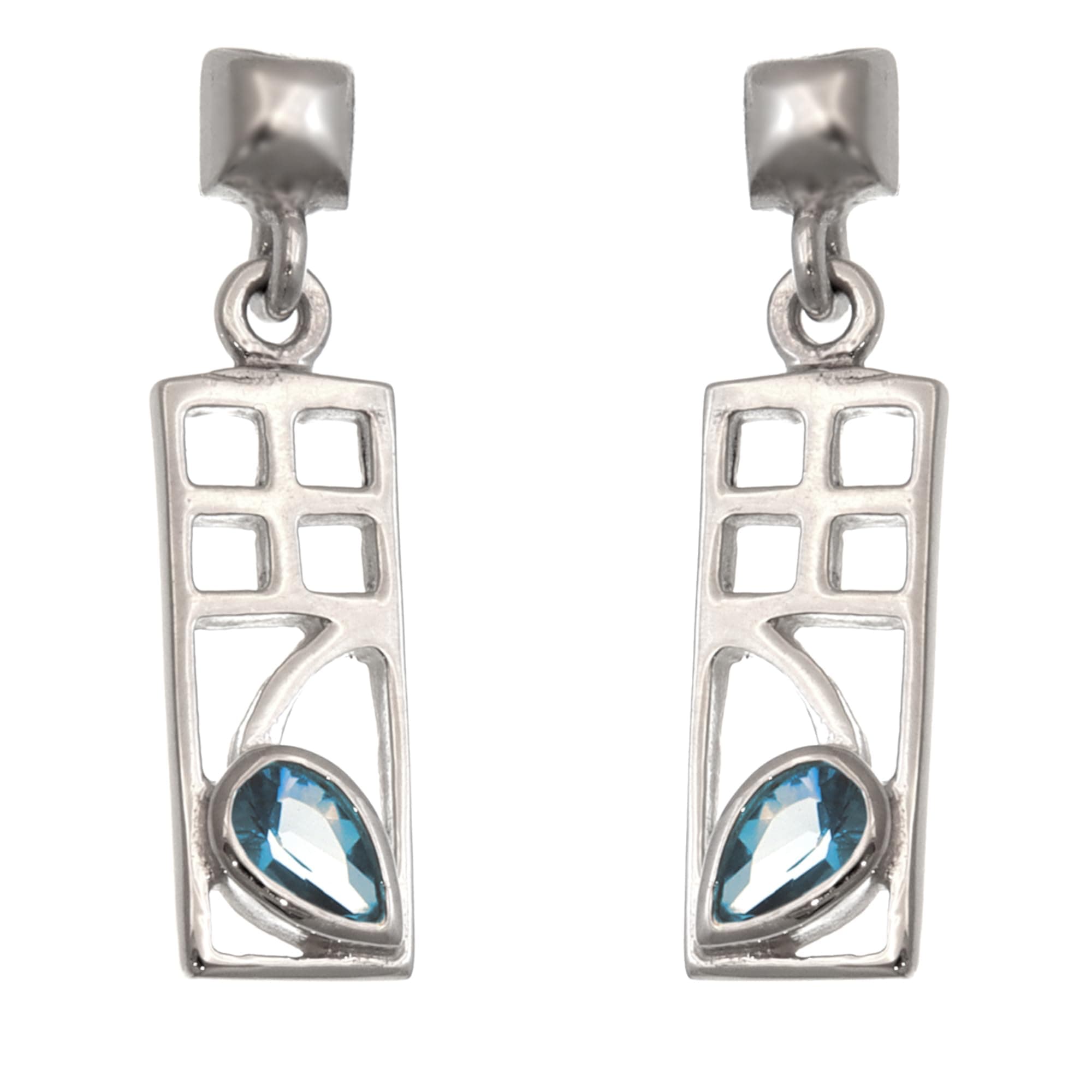 Charles Rennie Mackintosh Blue Topaz 925 Sterling Silver Earrings for Women - Drop Earrings with Jewellery Gift Box - 18mm x 7mm