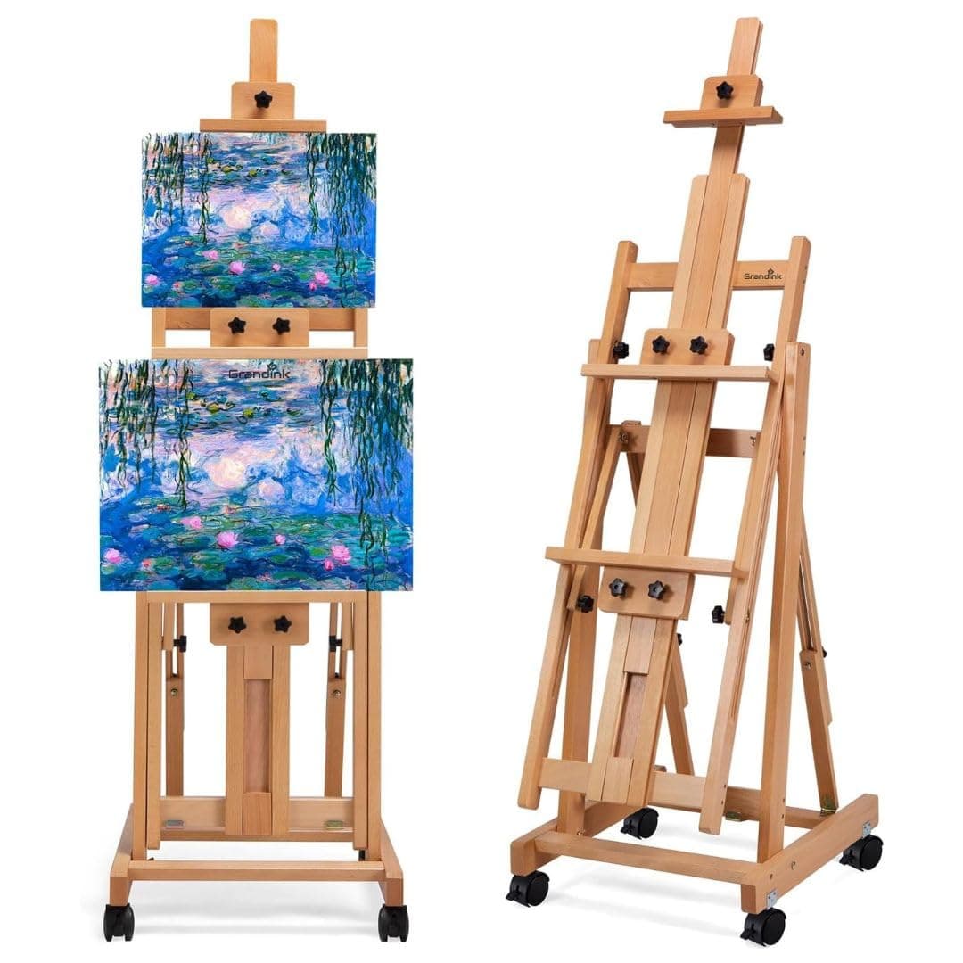 Grandink Artist Extra- Large Multi-Function Studio Easel, H-Frame Art Easel, Tilts Flat, BeechWood Painting Easel Stand, Movable Floor Easel with Drawer & Silent Wheels, Holds 2 Canvas Up to 91 Inches