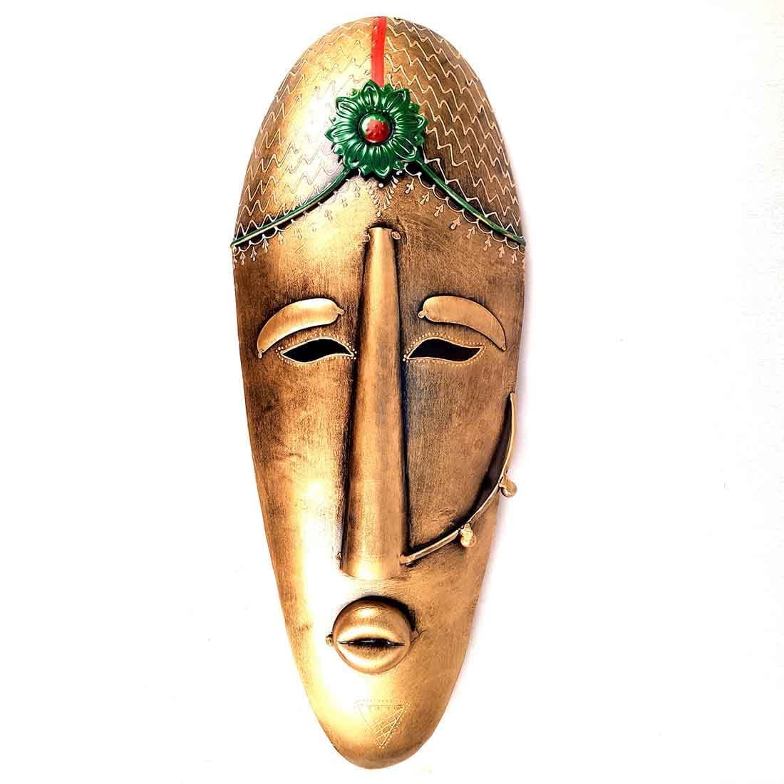Apka Mart The Online Shop Wall Mask | Decorative Tribal Masks For Home Entrance & Living Room |Man & Woman Metal Face Hanging - For House, Door, Hall-Way, Balcony Decoration - 21 Inch