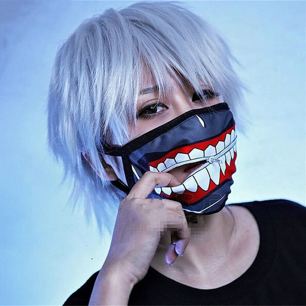 2in1 Set Cosplay Halloween Mask + Hair Wig, Anime Funny Mouth Zipper Reusable Mask Half Full Face Costume Prop for Carnival Themed Party