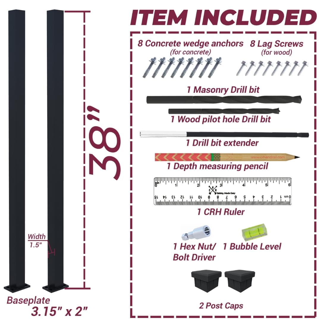 CHR CRH 2X 38" Black Deck Railing Wrought Iron Handrail Post Kit (Top Mount)
