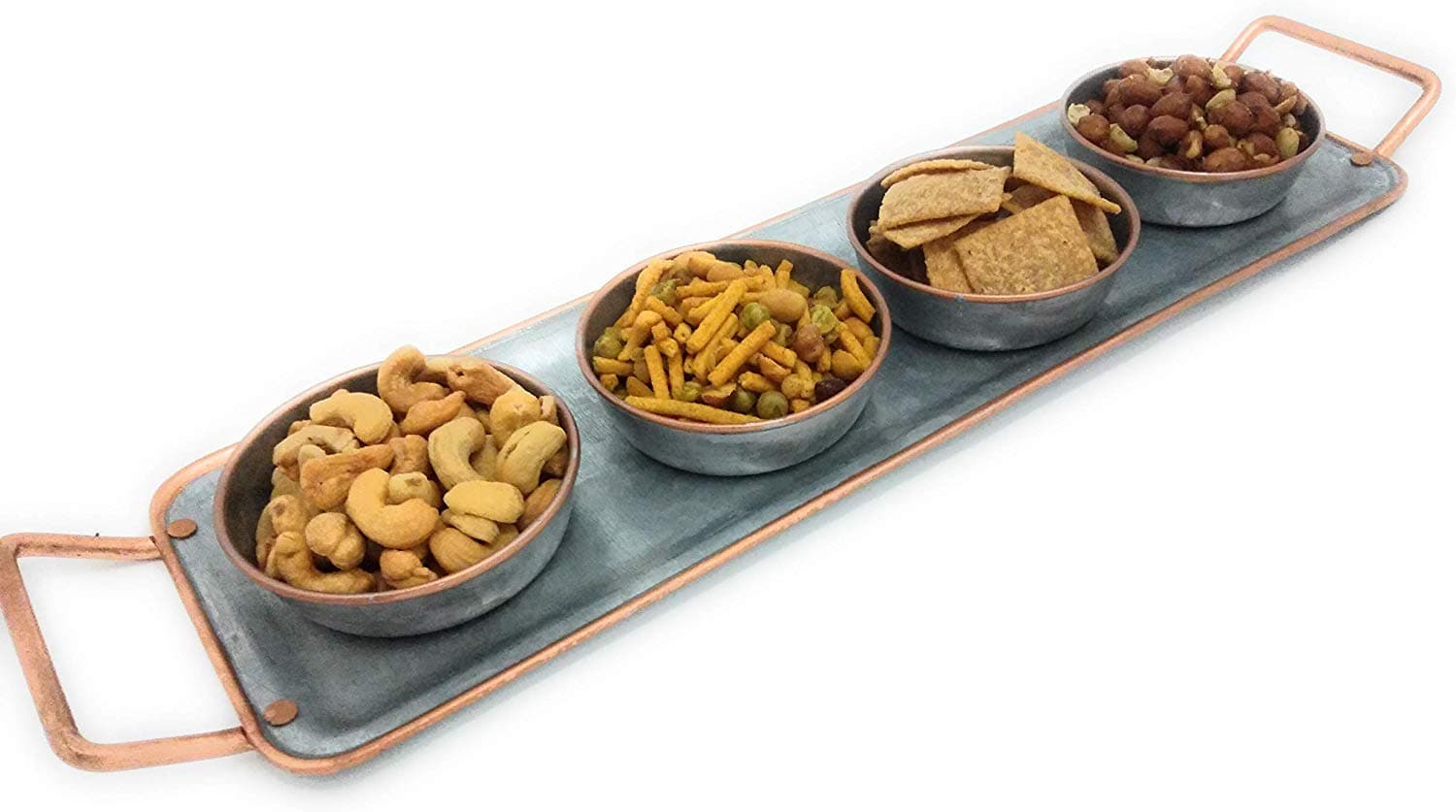 Galrose Appetizer Tray with Snack Bowls – Galvanized Iron Rose Gold Trim 16.75”X5.25” Serving Platter with Serving Dishes for Parties. Chip & Dip Serving Set. Gift for 6th Iron Wedding Anniversary