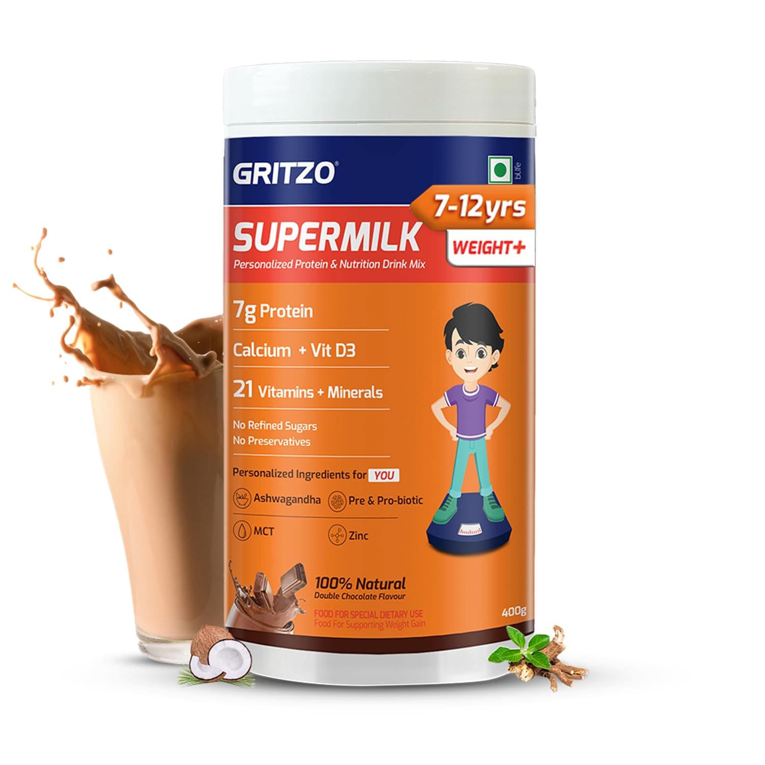 SuperMilk Weight+ (8-12 Years) - Double Chocolate, 400g | 7g Protein I Zero Refined Sugar | 21 Vitamins & Minerals | 100% Veg