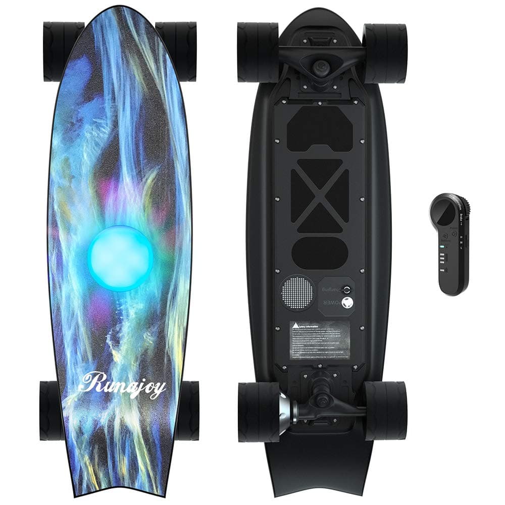 Runajoy H2E Electric Skateboard, Mini Electric Skateboard, 15.5mph Top Speed & 8 Miles Range, 350W Hub Motor, Max Load of 180 LBS, Built-in Bluetooth Speaker & LED Light with Remote Control