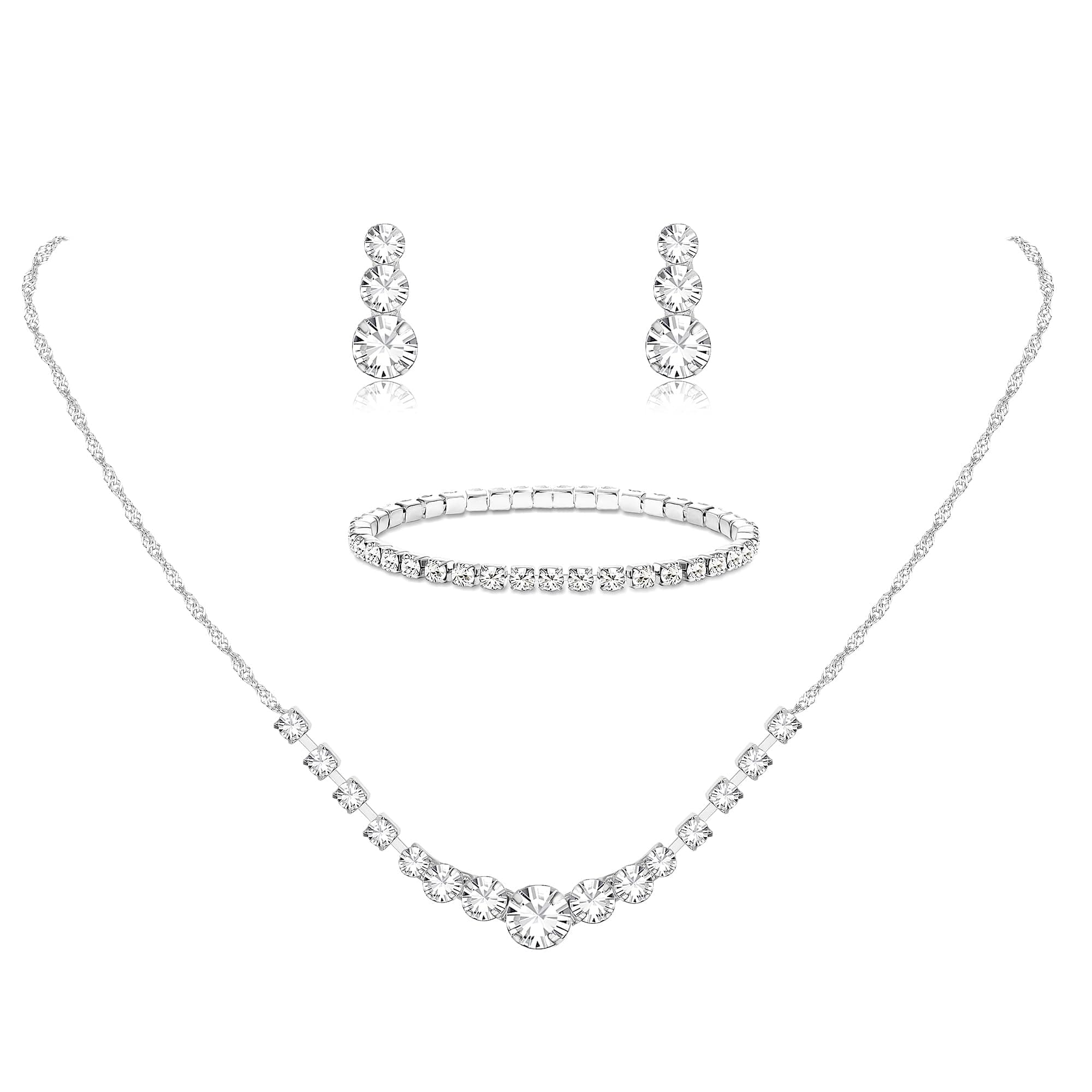 Silver Plated Jewelry Set for Women Rhinestone Crystal Necklace Drop Earrings Link Bangle Bracelet Bridal Wedding Jewelry Sets for Brides Bridemaid Prom Costume Accessories