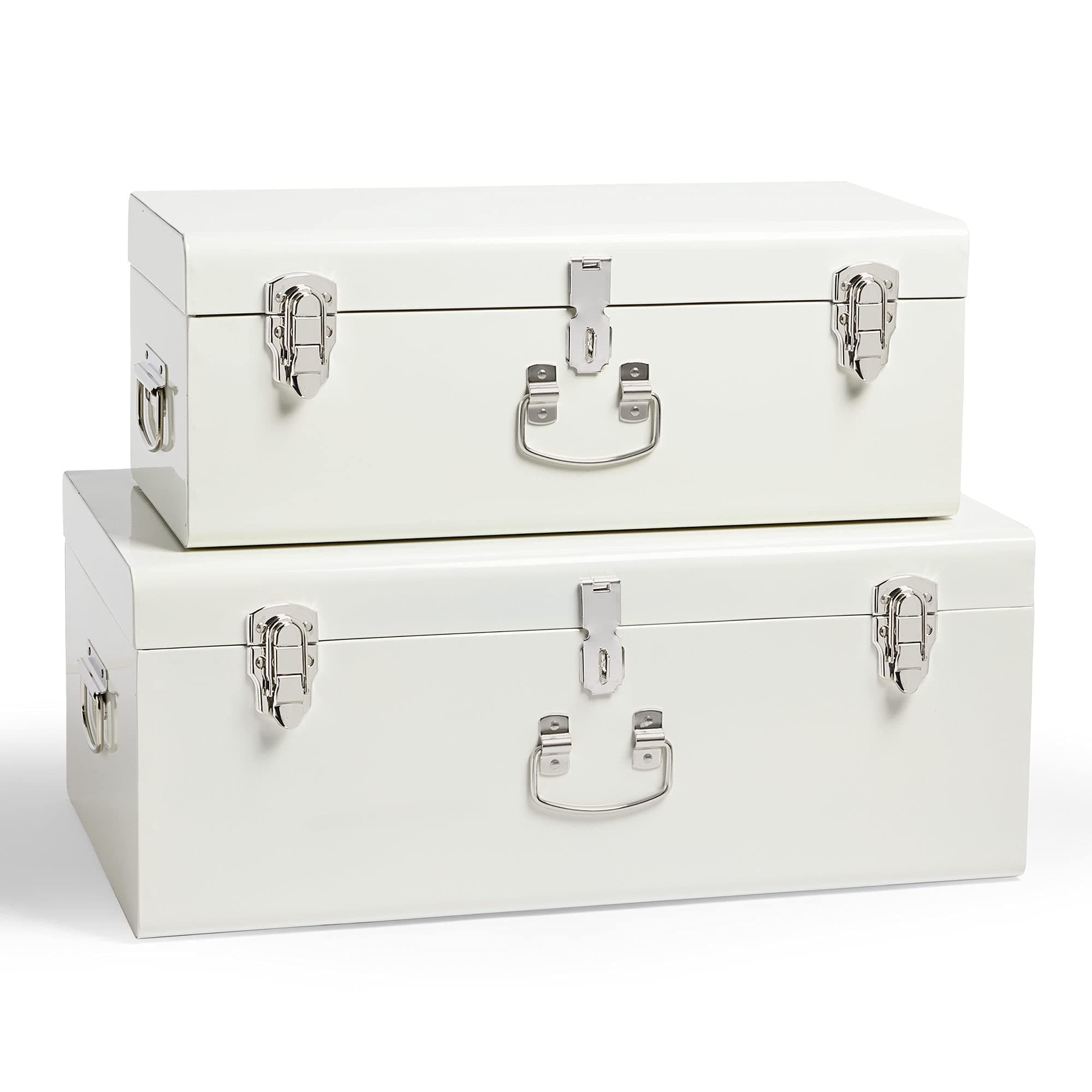 Storage Trunks, Set of 2 Cream Stainless Steel Storage Chests w/Silver Detailing, Stackable Bedroom Storage Organiser w/Lockable Lids, Sturdy Multi-Purpose Bedding, Blanket & Toy Box