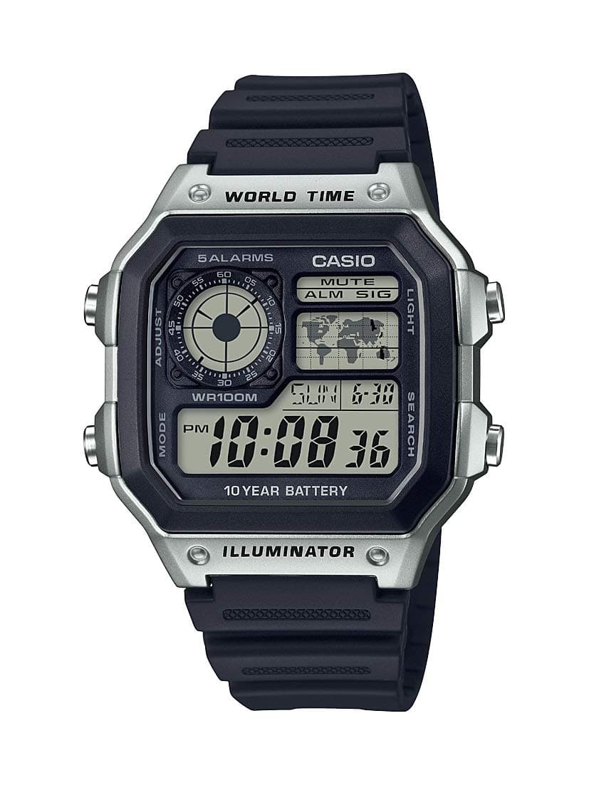 AE1200WH Series | Men’s Digital Watch | 100M WR | Multi Alarms | 100 SEC Stopwatch | Countdown Timer | World Map for World Time | LED Light | LC Analog Display | 10 Year Battery