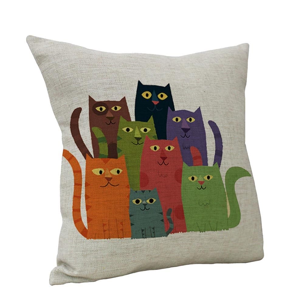 Seven Colors Cat Art Cotton Linen Decorative Throw Pillow Case Cushion Cover, 17.7 x 17.7inches
