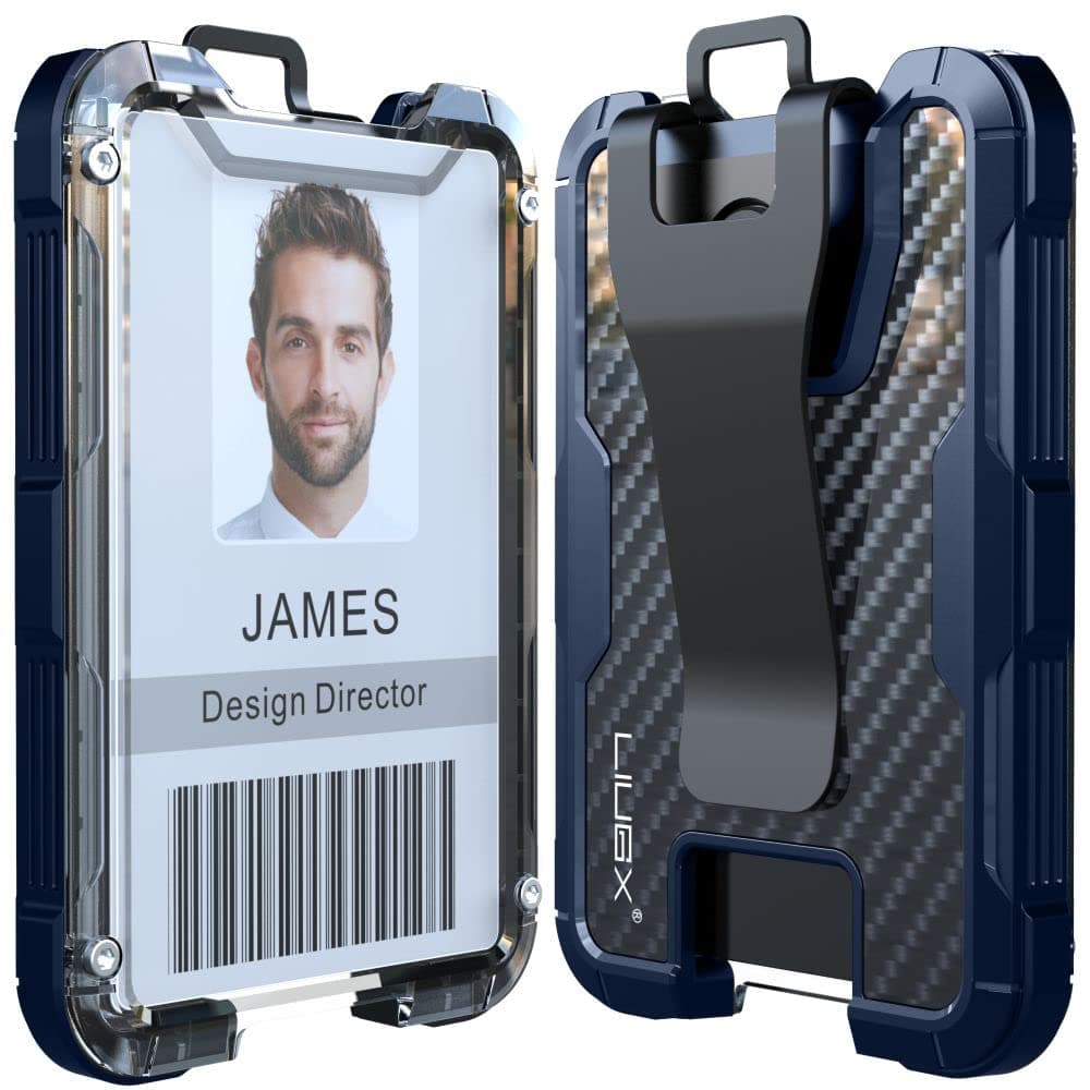 LIUGX Carbon Fiber Badge Holder, ID Card Holder with Metal Clip - Heavy Duty Portable Wallet (Holds 1to 4 Cards),for Office Police Worker Outdoor, Dark Blue