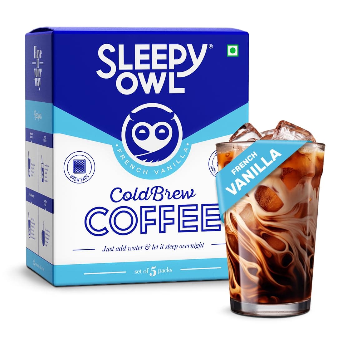 Sleepy Owl French Vanilla Cold Brew Coffee Bags | Set of 5 Packs - Makes 15 Cups | Easy 3 Step Overnight Brew - No Equipment Needed | Medium Roast | 100% Arabica | Directly Sourced From Chikmagalur