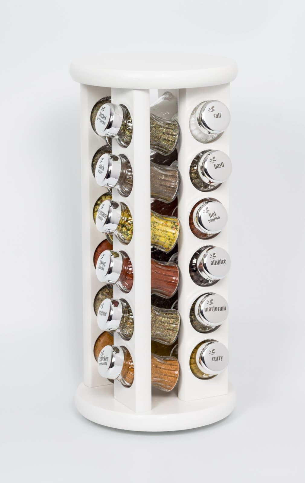 24 Jar Revolving Wooden Spice Rack Filled with Herbs and Spices + 2 Jars Absolutely Free! Made in EU- Poland- Rotating 24-White. Silver Glossy caps