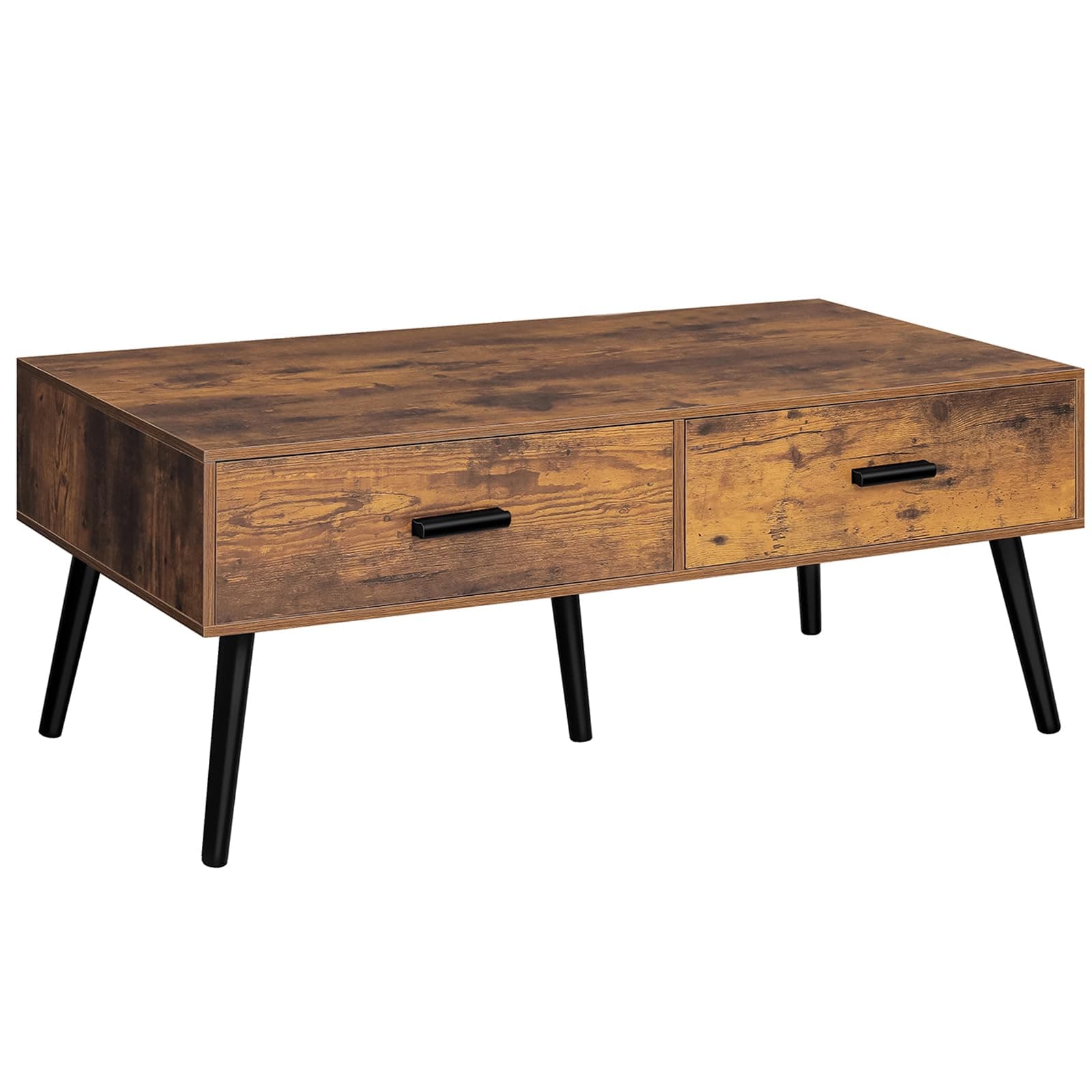 Iwell Coffee Table for Living Room, Mid Century Modern Coffee Table with 2 Drawers & 2 Open Shelves, Wood TV Stand for Home Office, Rustic Brown