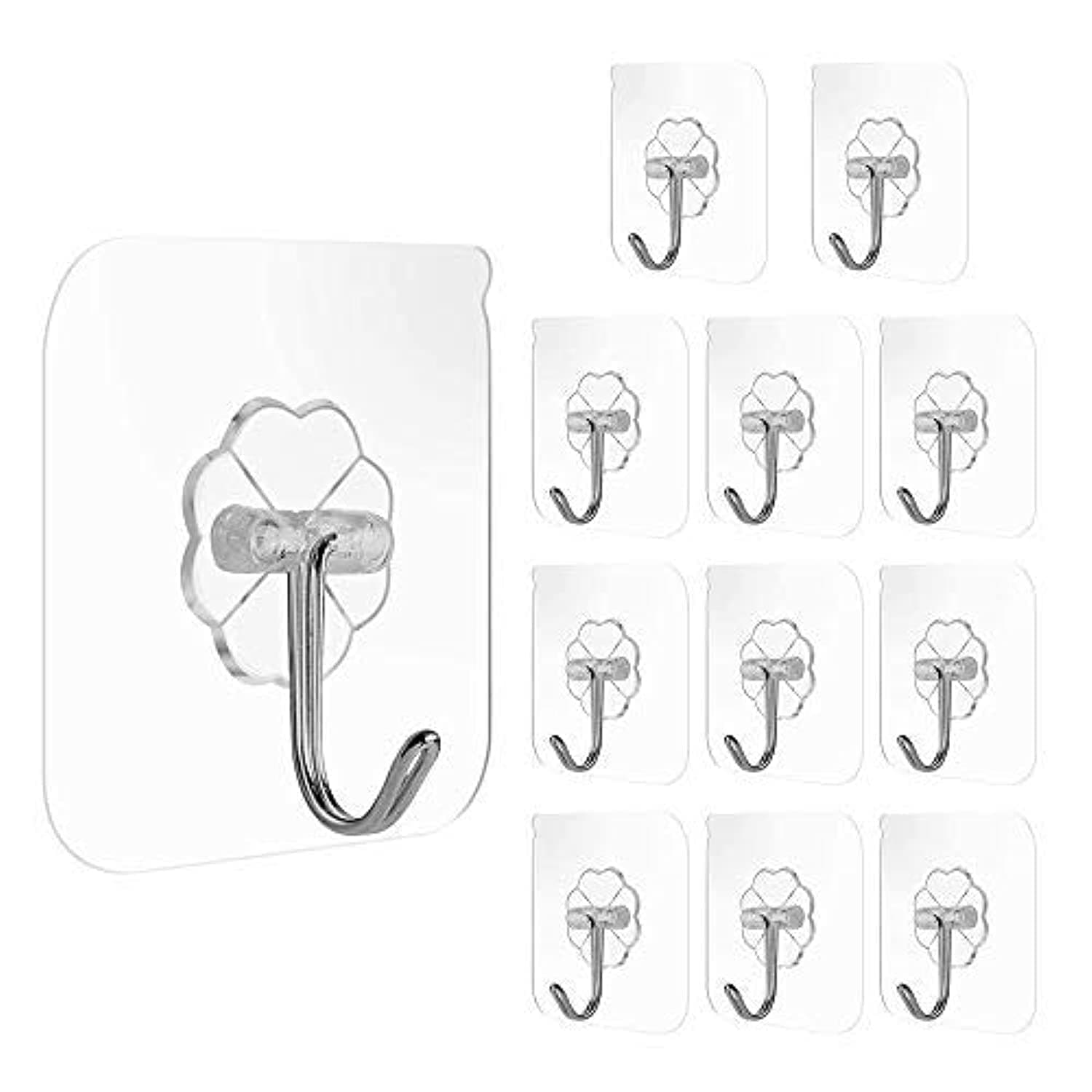 MissPrettyMissPretty Adhesive Hooks Heavy Duty 15lb(Max) Traceless Seamless Transparent Wall Hooks Waterproof for Bathroom Kitchen Office (12 Packs)