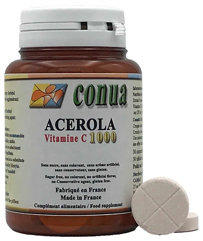 Vitamin C 1000mg acerola breakable in 2 or 4 containing 250 mg 25% Vitamin C 30 Chewable Tablets Sugar-Free, No Coloring, No Artificial Flavor, No preservatives, No Gluten.