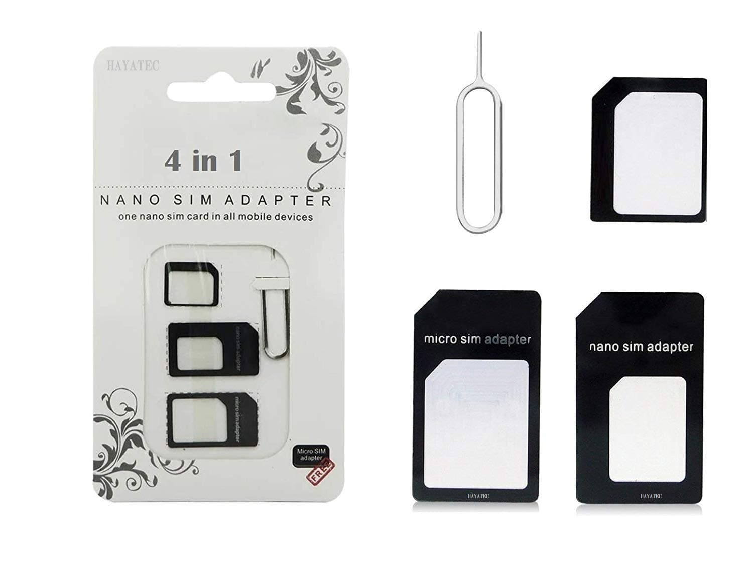 SIM Card Adapter Kit with SIM Ejector Pin Convert Nano SIM to Micro SIM Standard SIM to Nano - 4 in 1 SIM Tool kit for iPhone X XR 8 7 6 5 4 BLACK