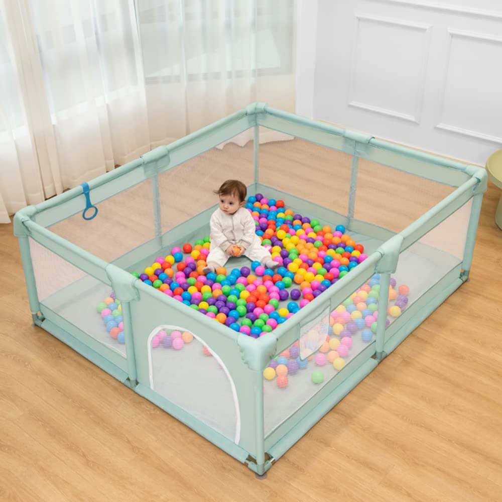 Cordova Baby Playpen, Kids Activity Center with Anti-Slip Base, 0 to 6 Age Kids Fence for Toddlers, Indoor or Outdoor Safety Play yard + Storage Bag + Hand Pull Ring + 50 Balls (150 * 180 Cm - Green)