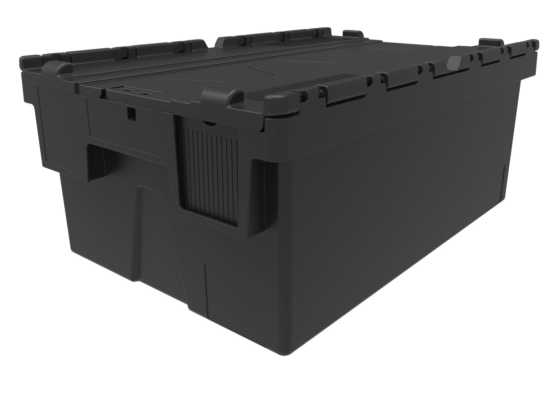 Solent Heavy Duty 100% Recycled Plastic 44 Litre Attached Lidded Container Storage Box Totes (60 x 40 x 25cm) Black - Pack of 5