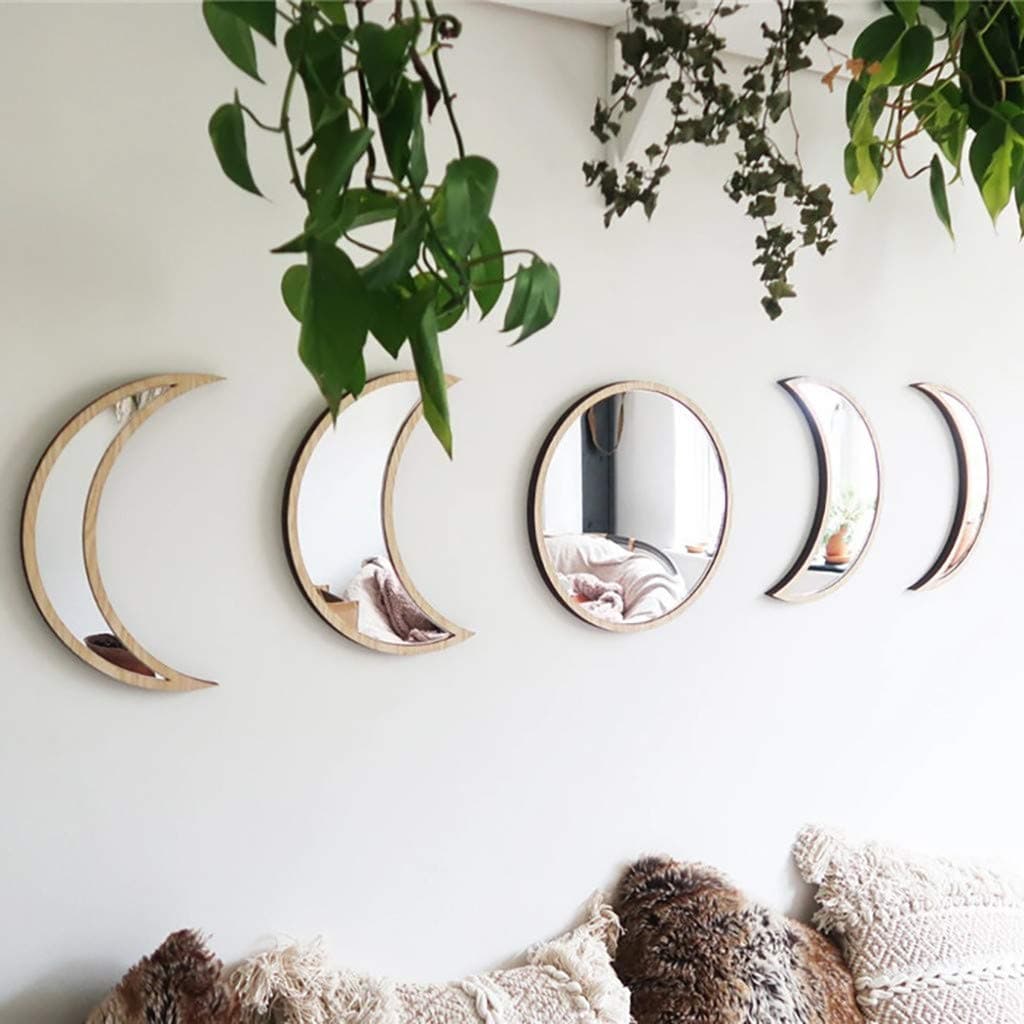 5 Pieces Scandinavian Natural Decor Acrylic Wall Decorative Mirror Interior Design Wooden Moon Phase Mirror Bohemian Wall Decoration for Home Living Room Bedroom Decor - Not Actual Mirror (beige)