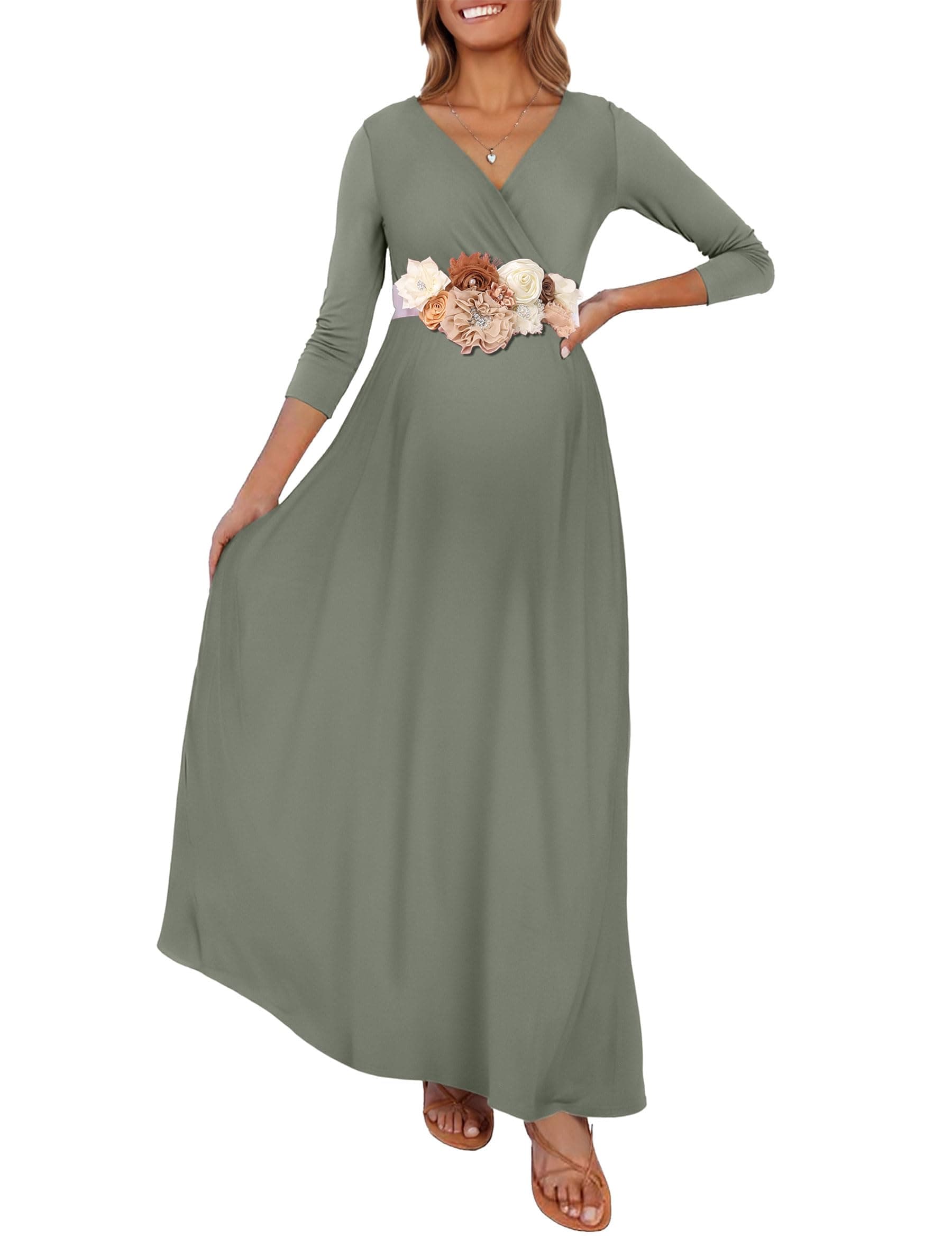 Maternity Maxi Dress with Flower Sash(S-3XL)/Wrapped Ruched V Neck Photoshoot Baby Shower Dresses
