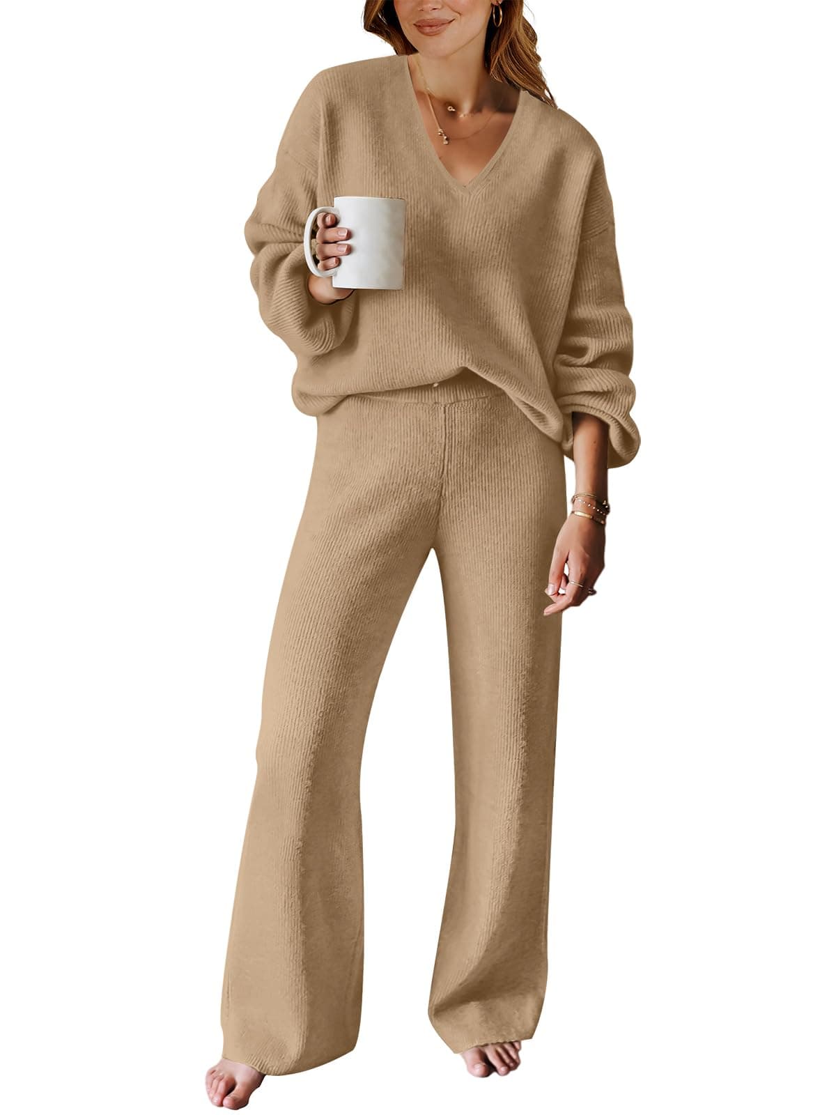 ANRABESSWomen's Two Piece Outfits Sweater Sets Long Sleeve V Neck Knit Pullover and Wide Leg Pants Lounge Sets