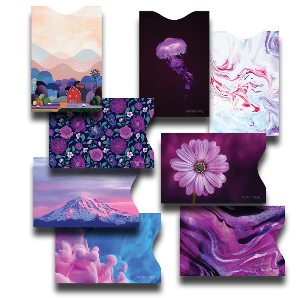 8 RFID Blocking Sleeves, Unique Designs and Arts in Purple, Anti-Theft Credit Card Holder, Credit Card Protector, Easy to Recognize, Sturdy and Perfect Size for Cards