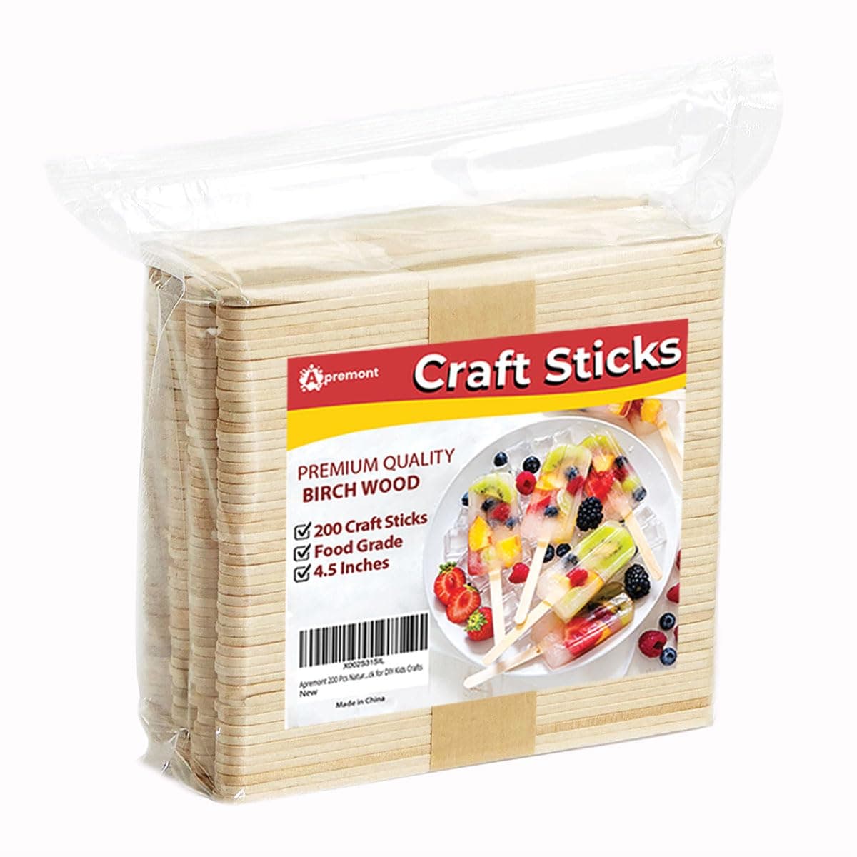 200 Pcs Natural Wooden Food Grade Craft Sticks - Ice Cream Stick - Popsicle - 4.5 inch Length - Suit Crafting, Stirring, Paddle, Waxing, Small Ice Pop Stick for DIY Kids - Apremont (200)