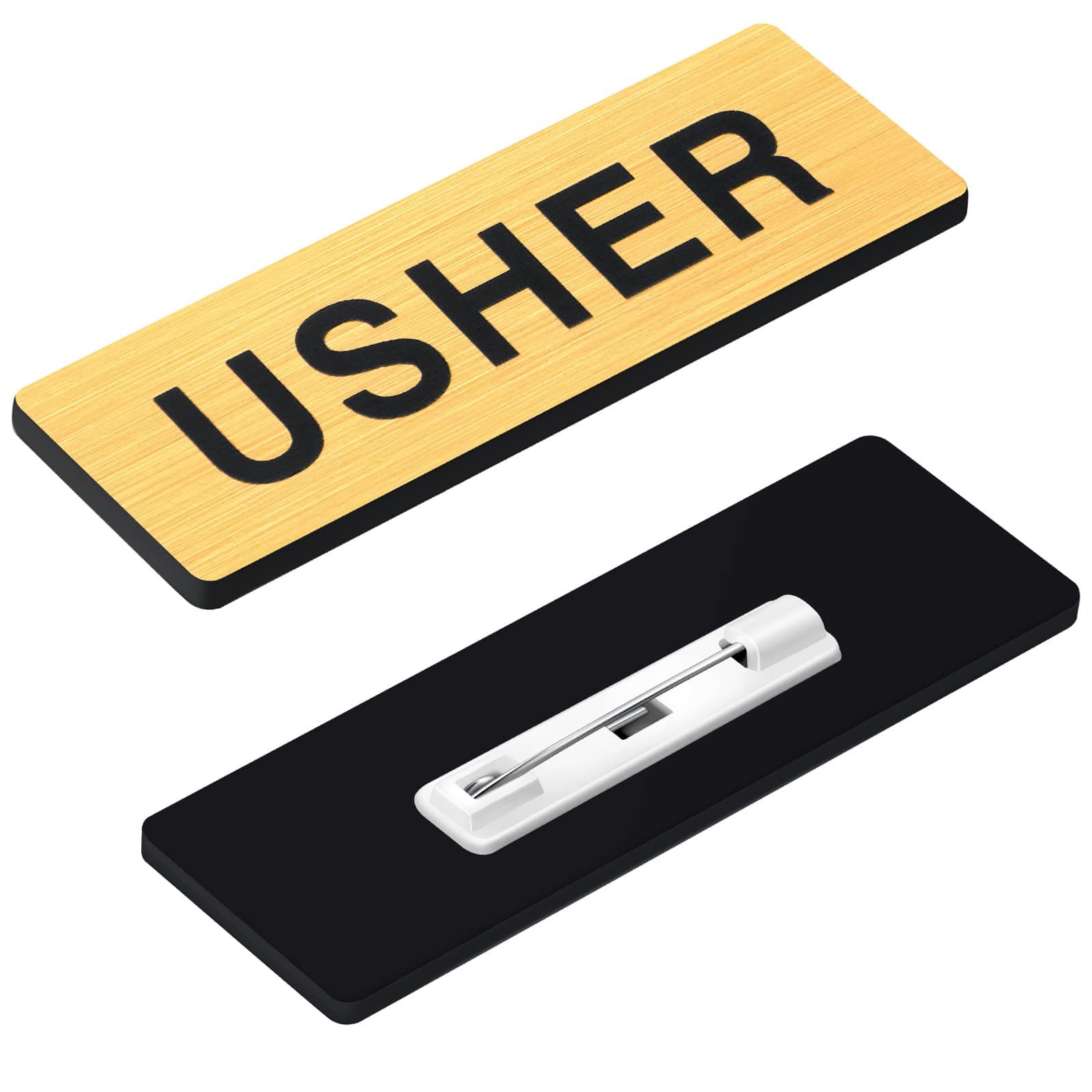 Sabary30 Pack Usher Badges Usher Pins for Church Acrylic Usher Name Tags with Pins Round Corner Usher Badges for Church Name Tag Pins Name Badge Uniform Clothes, 1 x 3 Inch(Black, Gold)