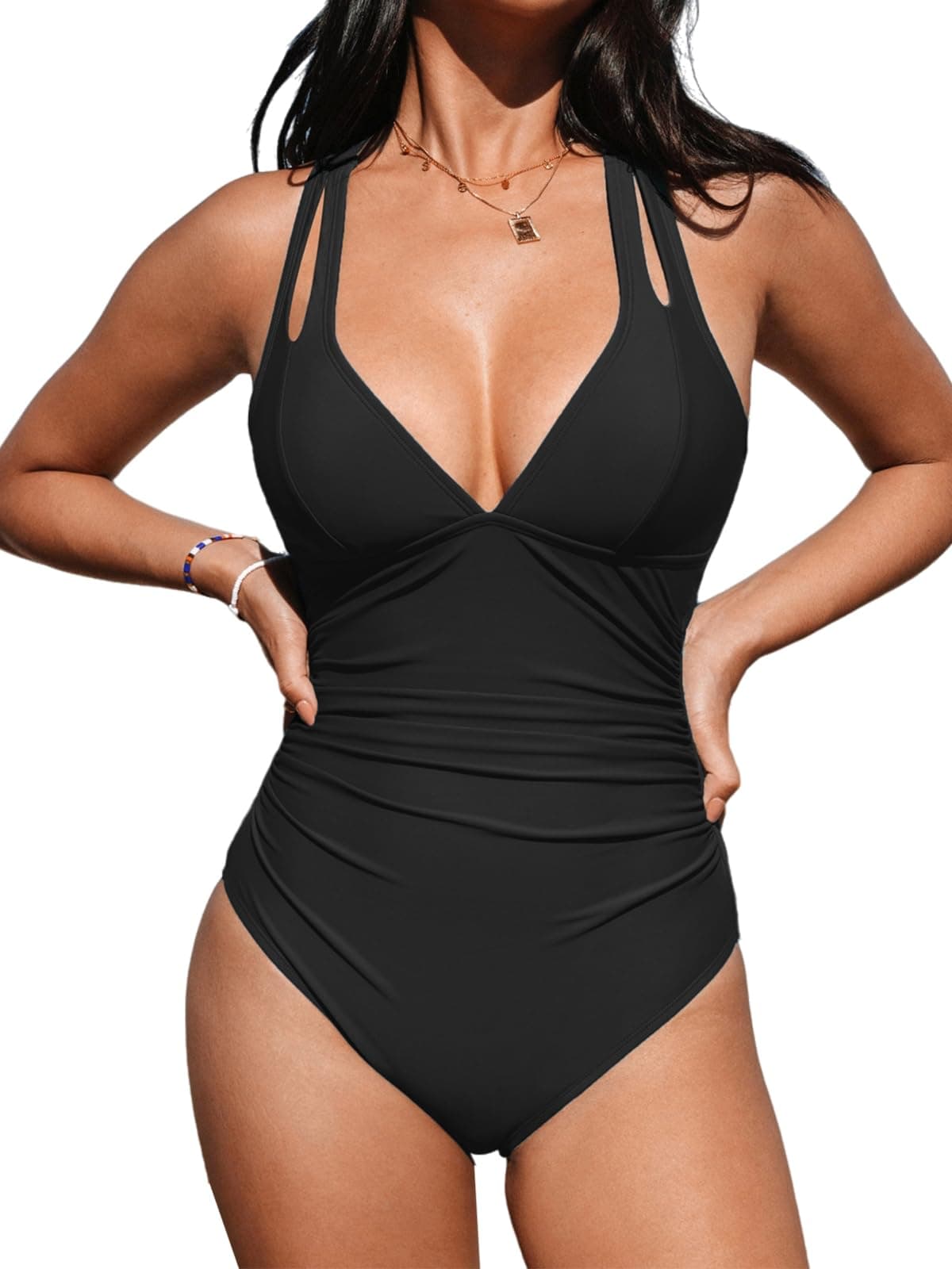 Women Swimming Costume Tummy Control One Piece Swimsuits Deep V Neck Double Straps Crisscross Back Tie Bathing Suits