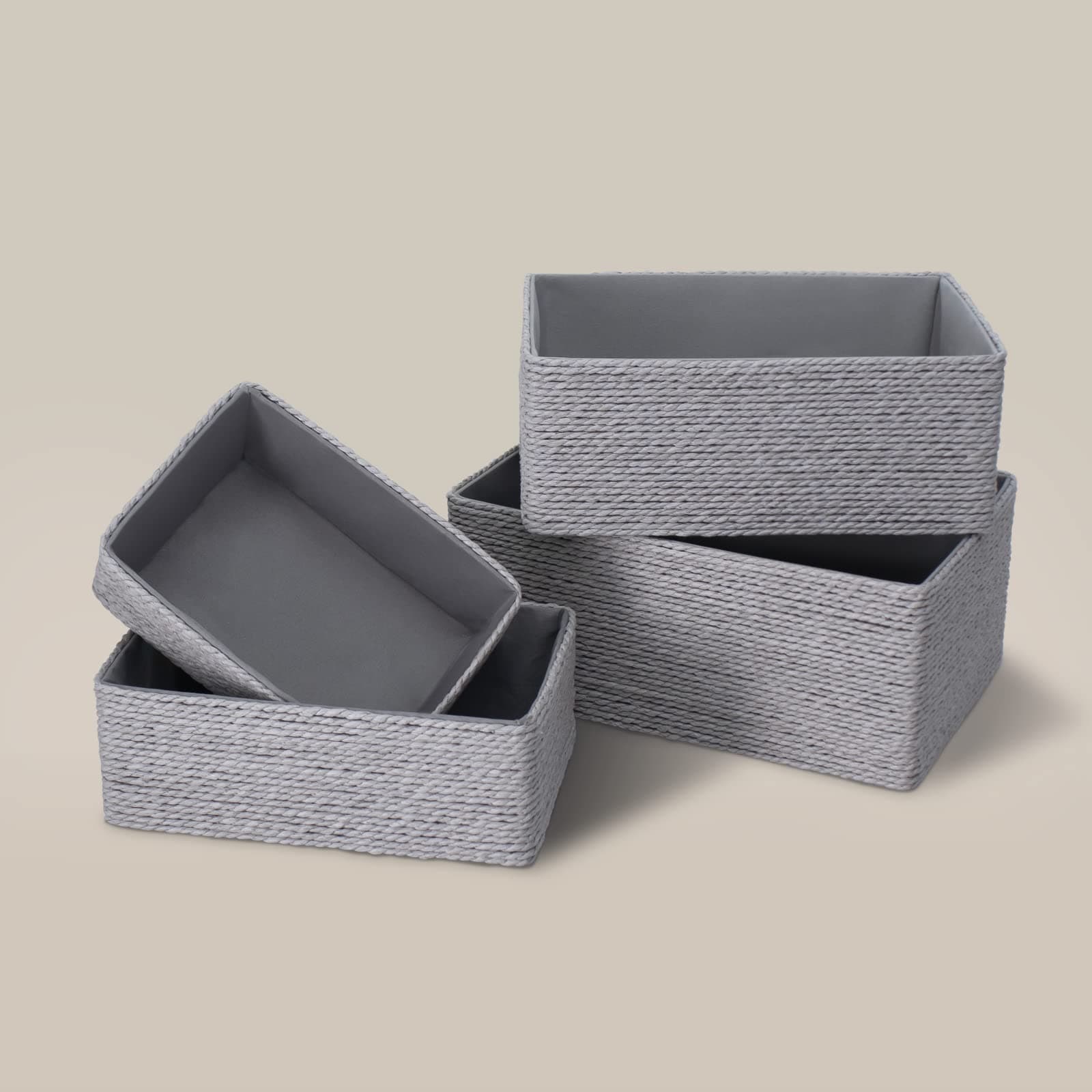 PROLAND Recycled Wicker Storage Basket, Paper Rope Storage Baskets for Organizing Container Bins for Shelves Cupboards Drawer, Small Woven Basket Set of 4 Grey