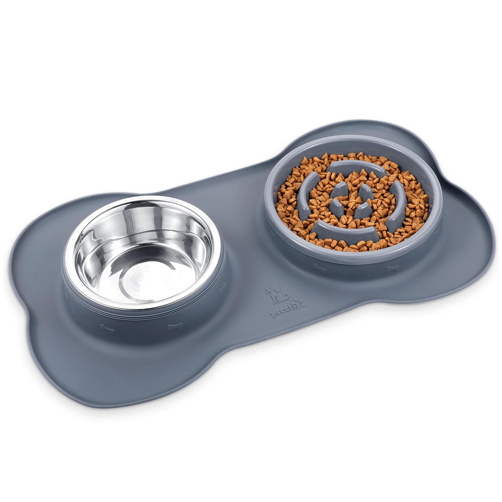 pecute3 in 1 Slow Eating Dog Bowls with Non Slip Mat - Safe Silicone Interactive Fun Slow Feeders for Dogs - Stainless Steel Bowls Non Spill Mats Tray - Great for Dogs Cats Slow Feeding(L, Grey)