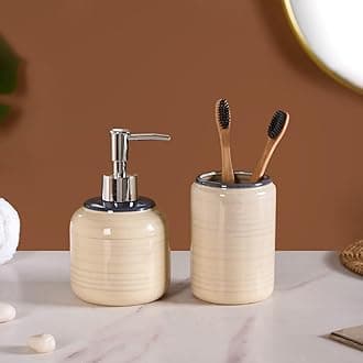 NestasiaScandinavian Bath Set of 2 - Serene Cream Soap Dispenser & Toothbrush Holder | Minimalist Nordic Bathroom Accessories