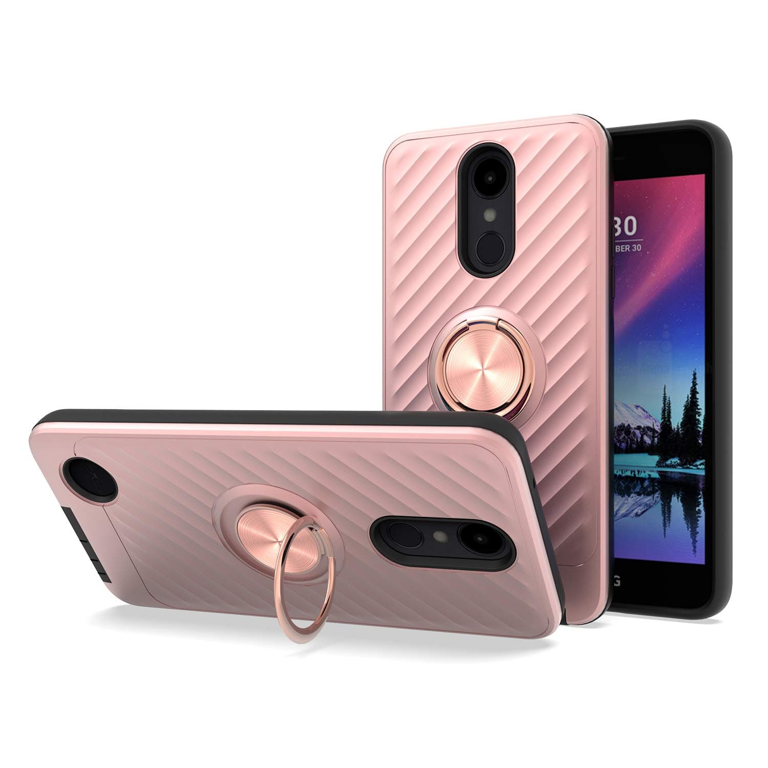 Phone Case for LG K10 2017 Phone Case with Tempered Glass Screen Protector Cover 360 Degree Rotating Magnetic Finger Ring Stand Kickstand for Dual Layer Hard PC LGK10 K 10 LG10 10K Cases Rose Gold