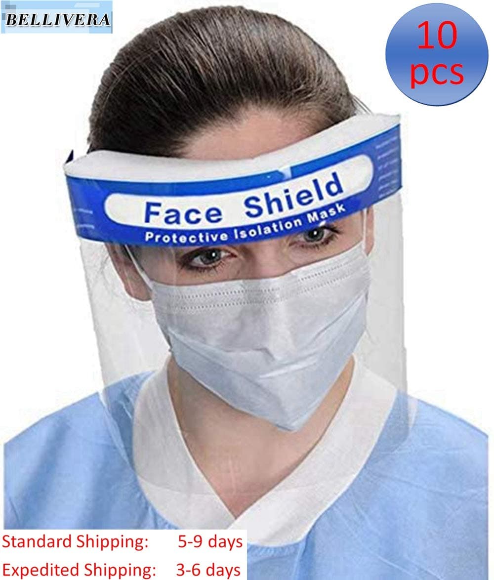 Bellivera 10 Pcs Face Shield Protect Eyes and Face Anti-Fog Plastic Shields Hat with Protective Clear Film Elastic Band Fluid Resistant Visor Protection from Splash and Splatter(Transit time:3-9 Days)