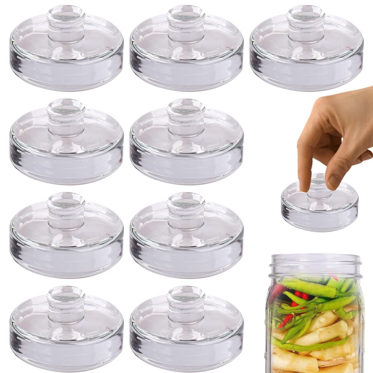 Eleganttime 9 Pack Glass Fermentation Weights with Easy Grip Handle, Heavy Fermenting Lids Canning Weight Kit for Wide Mouth Pickling Mason Jars