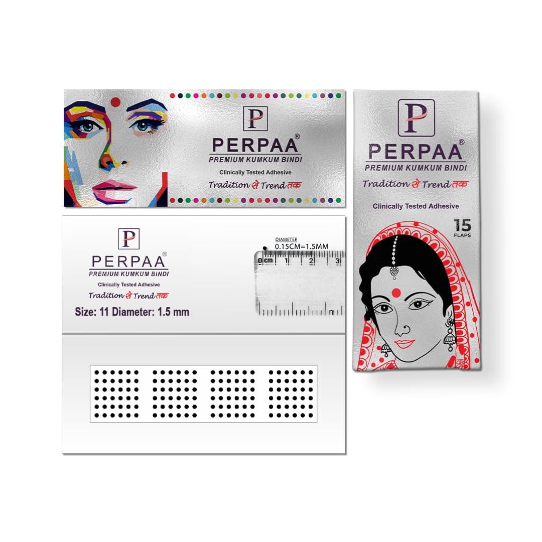 PERPAA Sticker Kumkum Bindi (Round), Size 11, Diameter 1.5mm - Black, 15 Flaps, Breathable Fabric, No Gum Marks, Does not Irritate Skin-Self-Adhesive
