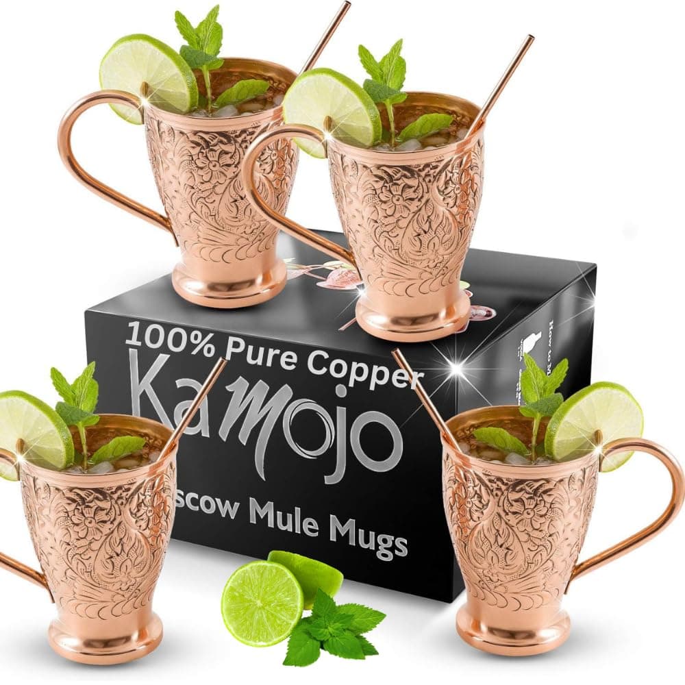 Moscow Mule Copper Mugs Set of 4 with Unique Handcrafted Embossed Design with Anti-Tarnish Food-Grade Coating - Copper Cups Gift Set with 4 Straws & Recipe E-Book, 16 oz