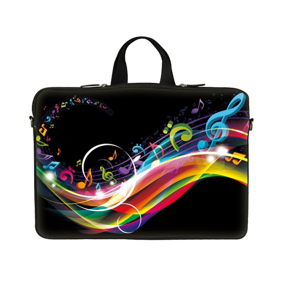 Neoprene Laptop Carrying Case Sleeve Bag w. Hidden Handle & Eyelet (D-Ring) for 17 17.3 Inch Notebook - Rainbow Music Note Design