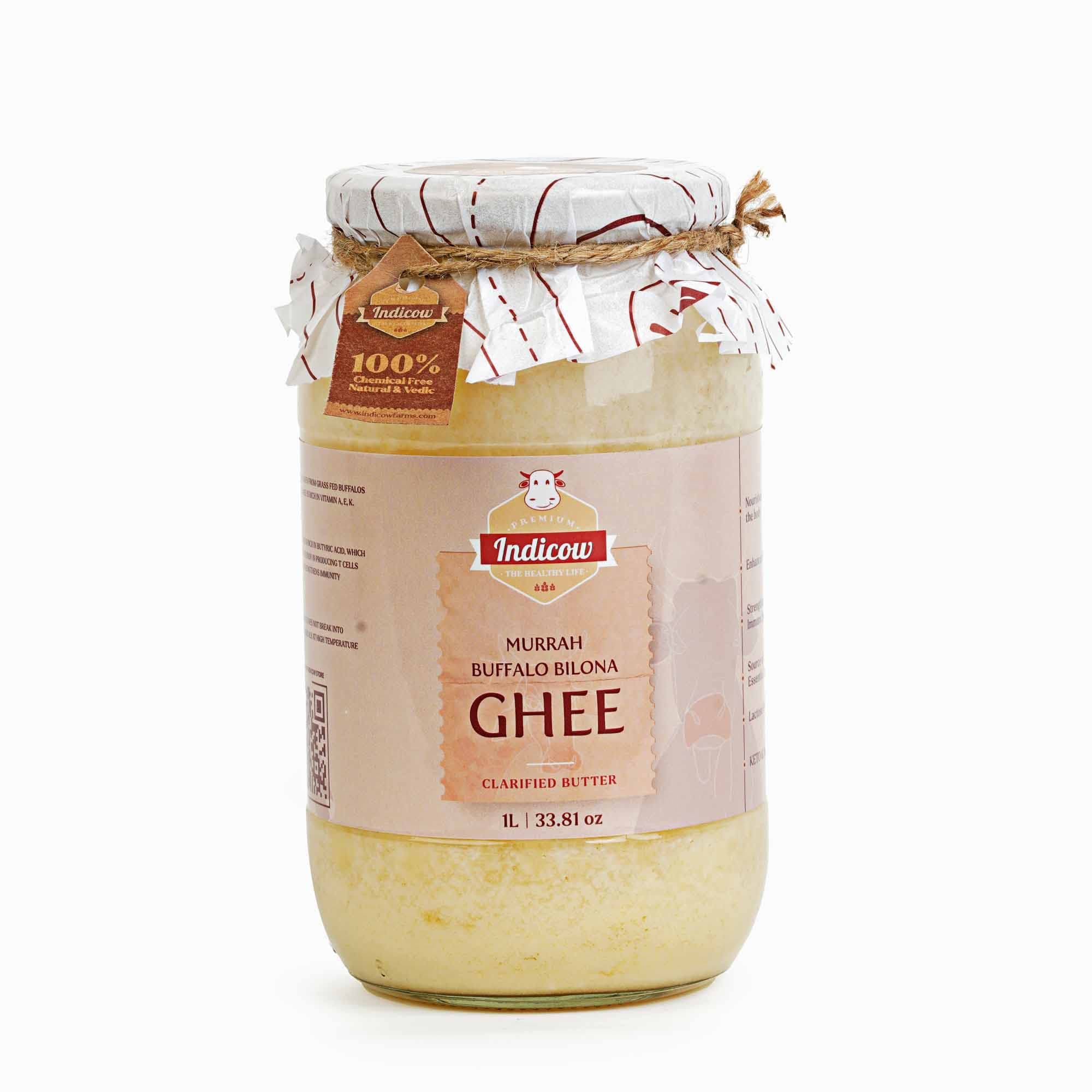 Foods Murrah Buffalo Ghee 1L Glass packaging | Grass fed Buffalo | Bilona Ghee | 100% Pure and Chemical Free(Buffalo Ghee, White) 1L packaging