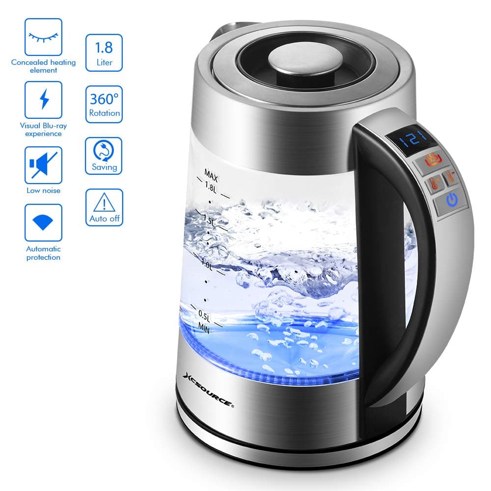Glass Electric Kettle Boiler Hot Water Coffee Heater Temperature Control with Blue LED Indicator Light,Auto Shut-Off & Boil-Dry Protection 1.8L 2000W Heating Element Quick Boil Multifunctions