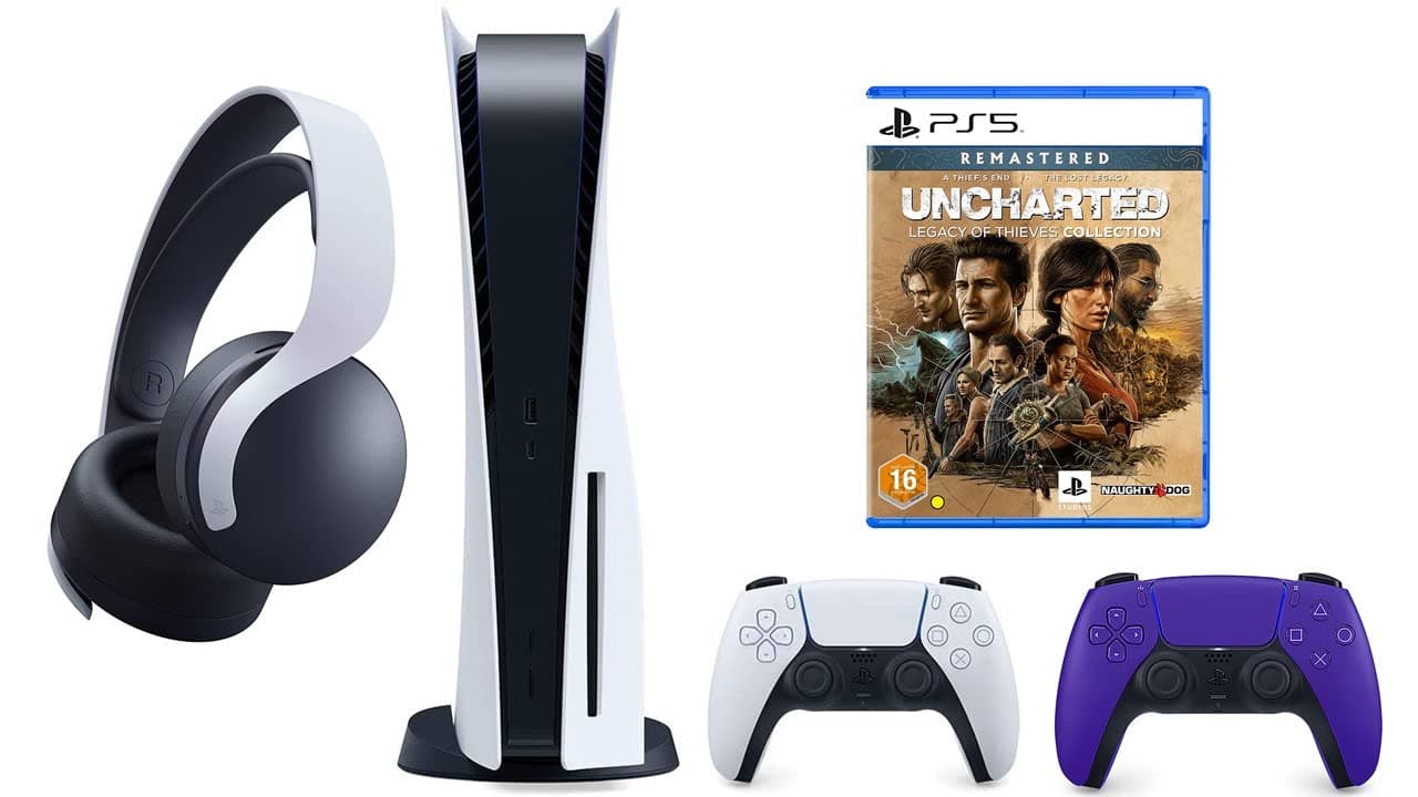Playstation 5 Disc Console Bundle with Extra Pulse 3D Wireless Headset, Extra Purple Dualsense Wireless Controller and PS5 Uncharted Legacy of Thieves Collection (UAE Version)
