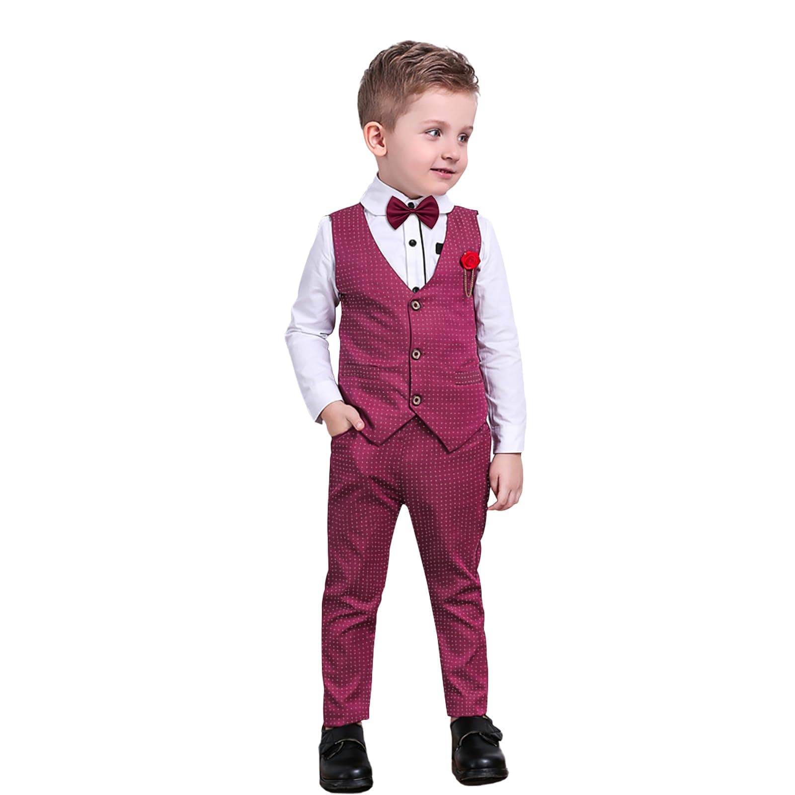 Boys Suit Set Formal Dress Shirt with Bow Tie, Slim Vest and Pants Toddler Boy Clothes Suits