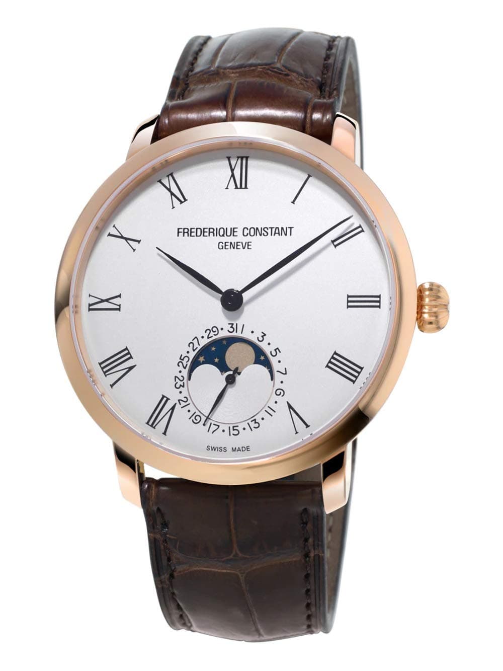 Slimline Moonphase Mens Plated Rose Gold Watch with Numbers - 42mm Analog White Face Sapphire Crystal Brown Leather Band Swiss Automatic Moon Phase Watch for Men FC-705WR4S4