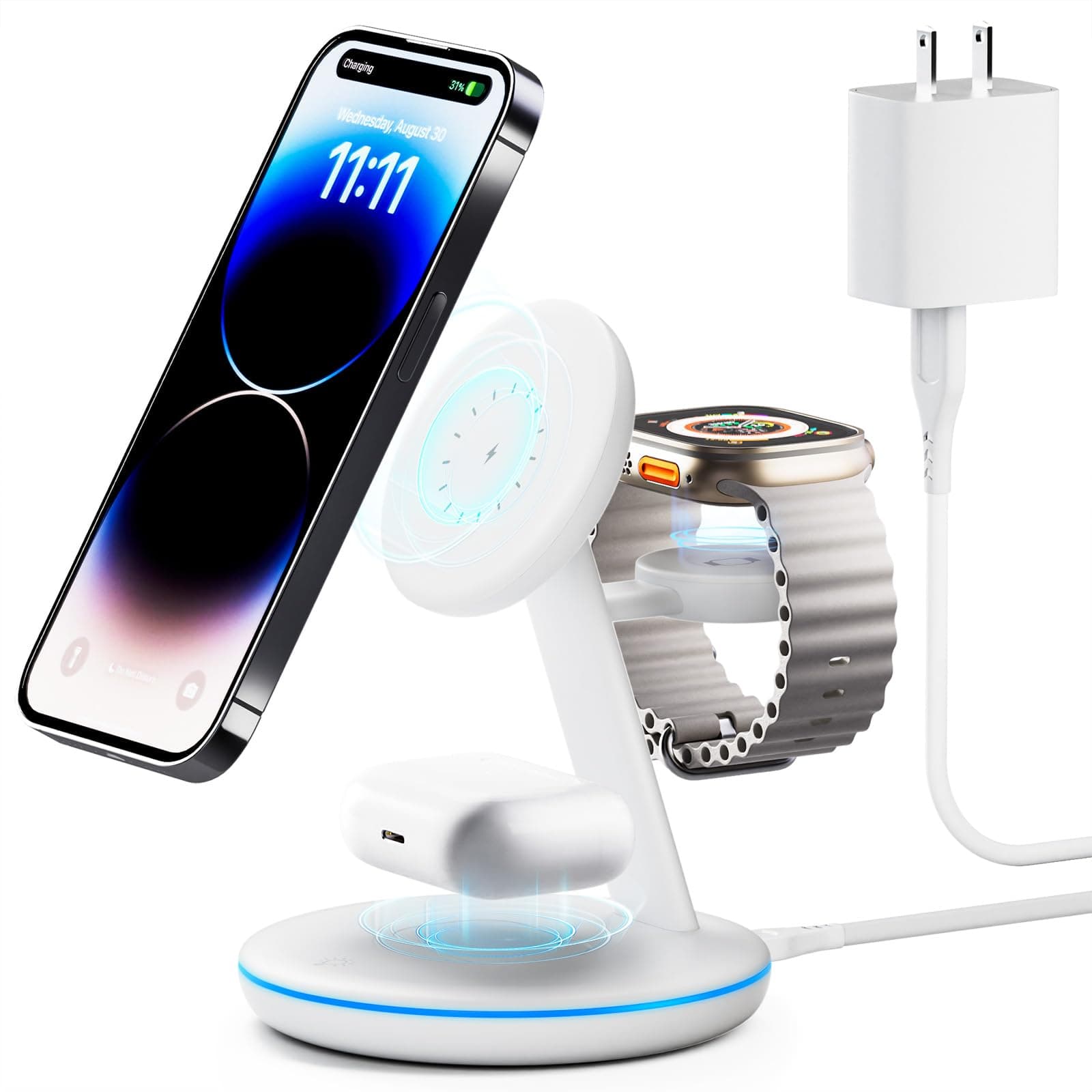 3 in 1 Charging Station for Apple Devices, Mag - Safe Charger Stand,15 W Fast Magnetic Charger Wireless Compatible for iPhone 16 15 14 13 12 Pro/Max/Plus/Mini, AirPods Pro/3/2, iWatch 9/8/7/6/SE/5/4
