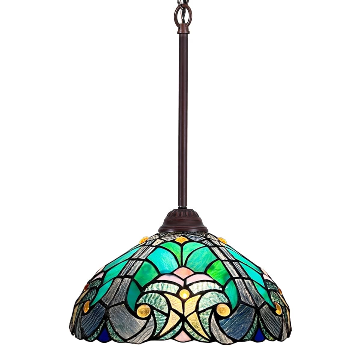 Tiffany Pendant Light fixtures 12" Wide Sea Green Stained Glass Pendant Lighting Vintage Style 1 Light Hanging Lamp for Kitchen Dining Room and Bar