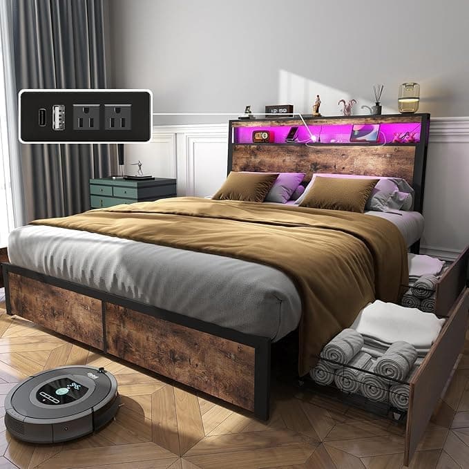 Queen Size Bed Frame with 4 Storage Drawers and Headboard with Charging Station and LED Lights,2 Tier Solid Wood Headboard Storage,Noise Free, No Box Spring Needed/Remote Control/Vintage Brown