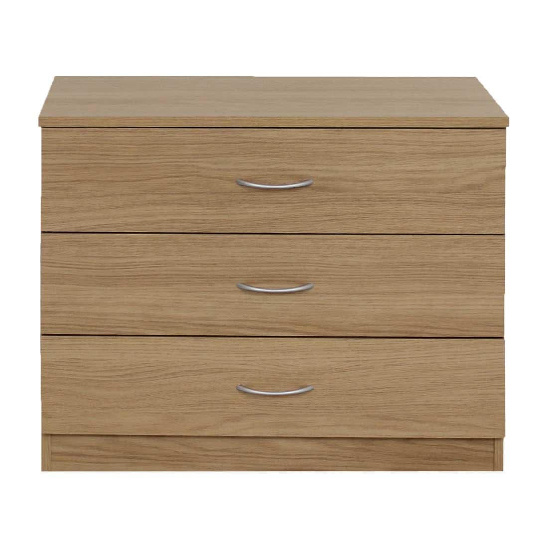 devoted2home Chest of Drawers Oak with Silver Handle, Wood, 3 Draws Small Wide Cheap Bedroom Furniture, 33.0 x 66.8 x 56.5cm. Great Hallway, Dining and Living Room Storage Cabinet