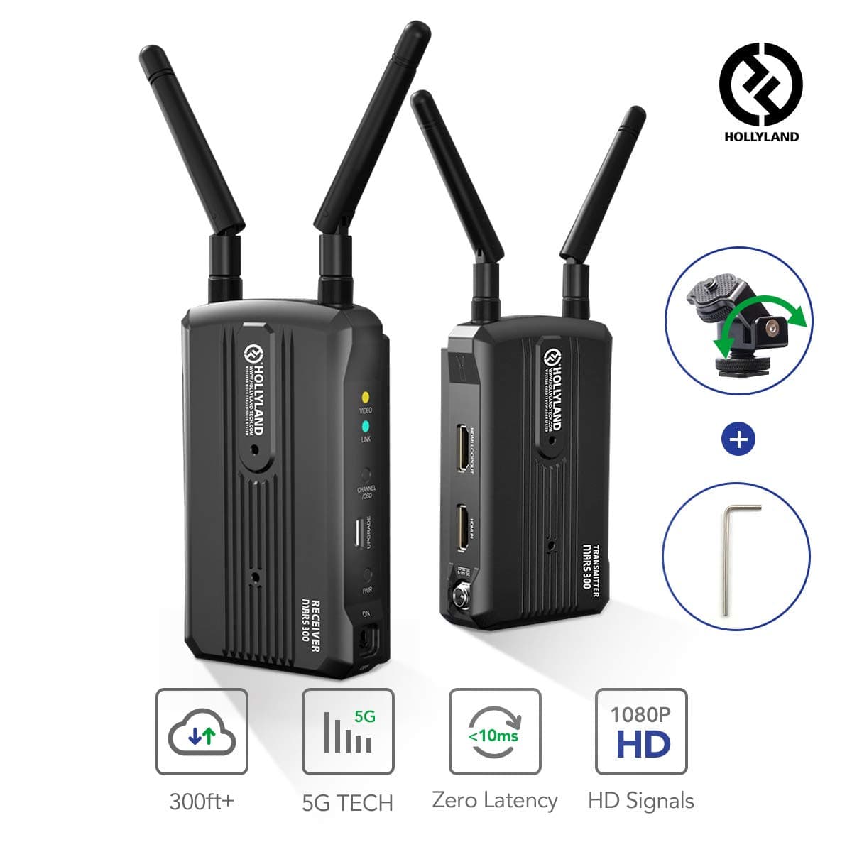 Hollyland-Mars-Wireless-Transmission-System 5G HDMI Video Transmitter and Receiver Kit Support HD 1080P 300 Feet for DSLR Mirrorless Camera Gimbal Field Monitor, Multi-Angle Hot Shoe Mount Included