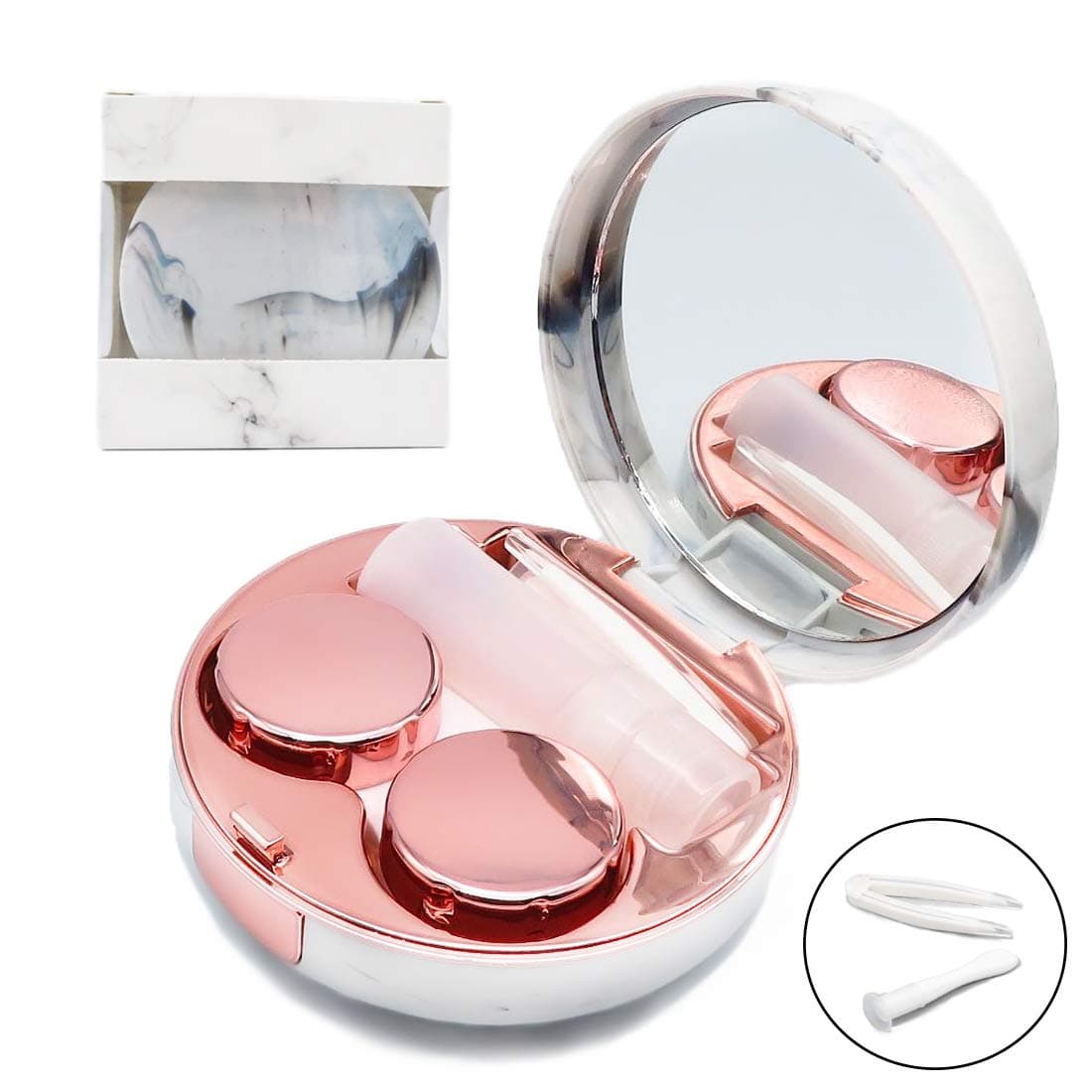 Contact Lens Case, Portable Cute Eye Contacts Colored Lenses Remover Box Kit with Mirror for Travel (Rose Gold)