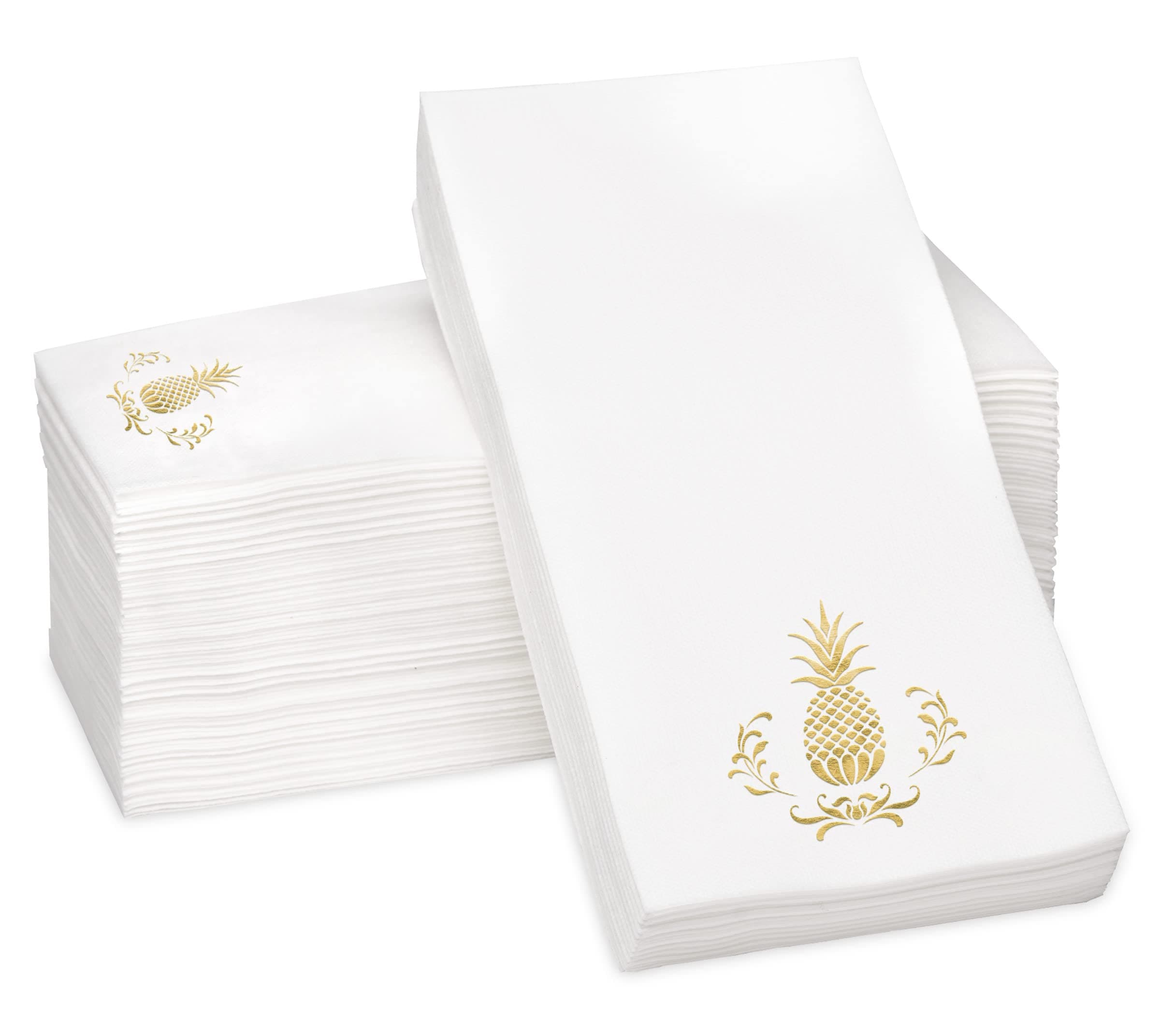 Pineapple Gold Foil Stamped Airlaid Paper Dinner Napkins, 1/6 Fold 12"x17" Disposable Guest Hand Towels - Absorbent, Linen-Like, Weddings, Receptions, Parties, Bathroom (Gold, 100 Count)